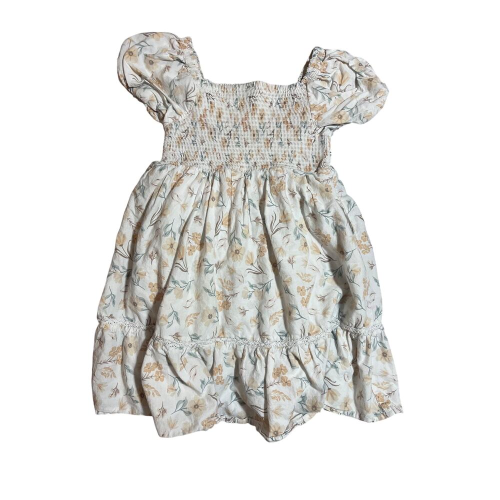 Shabby Chic Dress Girls 5T Smocked Chest Cream Brown Floral Dress.